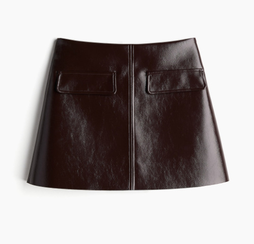 Komplet kožne jakne i kratke suknje, okrugli ovratnik, uska kroj, dugi rukavi, PU koža, elegantan gradski stil