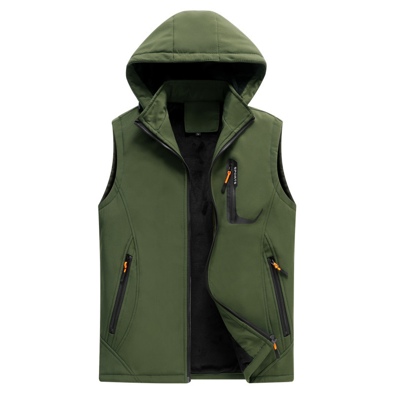 Muški kapucjačasti outdoor prsluk za jesen-zimu, slim-fit, corduroy tkanina, glavna tkanina: vuna, podstava: lan, punilo: pamuk, dizajn struka (Hooded; Cotton filling; Corduroy; Wool main; Flax lining)