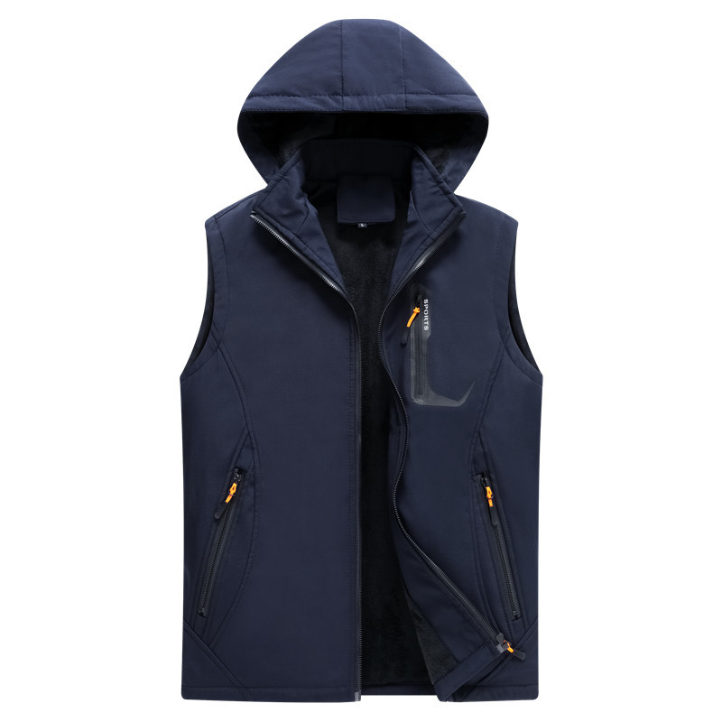 Muški kapucjačasti outdoor prsluk za jesen-zimu, slim-fit, corduroy tkanina, glavna tkanina: vuna, podstava: lan, punilo: pamuk, dizajn struka (Hooded; Cotton filling; Corduroy; Wool main; Flax lining)