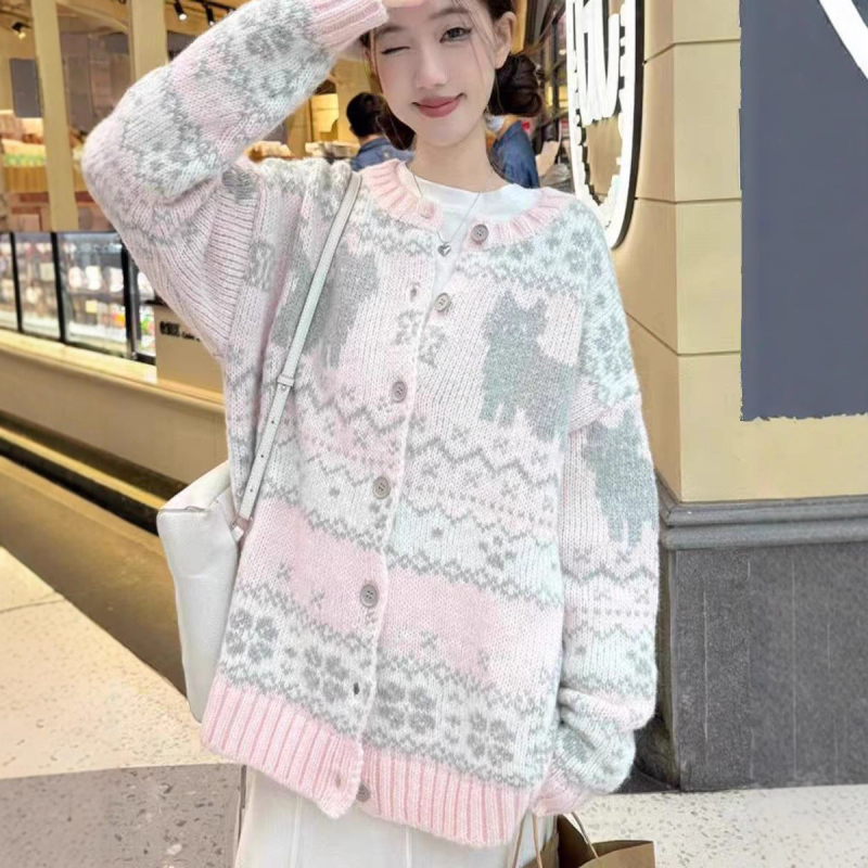 Kardigan od alpaka vune, jacquard uzorak, okrugli izrez, udoban kroj, retro stil