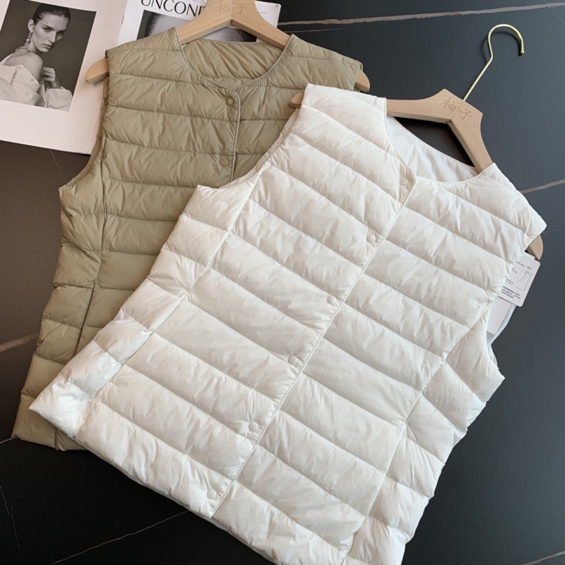 Ženska Slim-Fit down vest s punjenjem od bijelog pačjeg perja, 50% perja, tanak poliester materijal, okrugli ovratnik