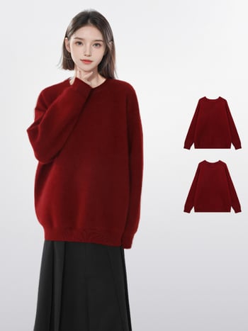 Pulover damă cu gât rotund, mâneci lungi, tricot acrilic-poliester, grosime medie, iarnă 2024