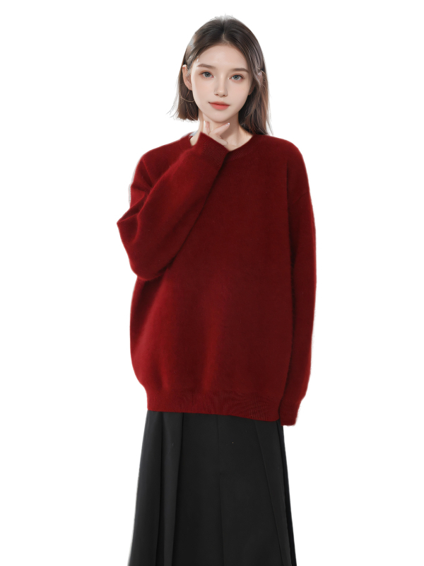 Pulover damă cu gât rotund, mâneci lungi, tricot acrilic-poliester, grosime medie, iarnă 2024