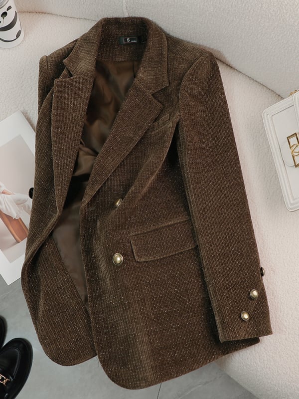 Corduroy ženski sako, udoban kroj, dvostruko kopčanje, sakoski ovratnik, poliester