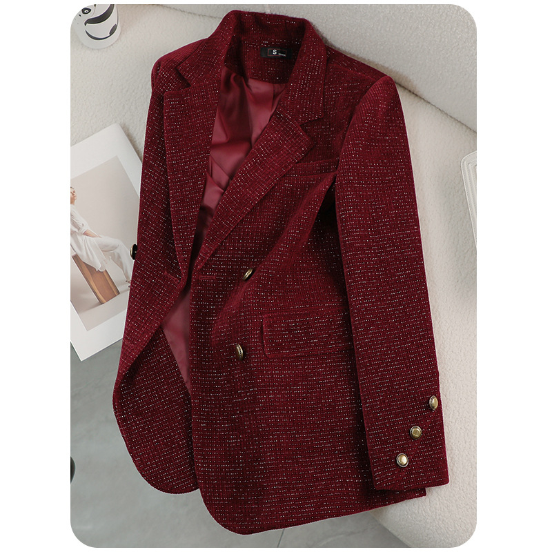 Corduroy ženski sako, udoban kroj, dvostruko kopčanje, sakoski ovratnik, poliester
