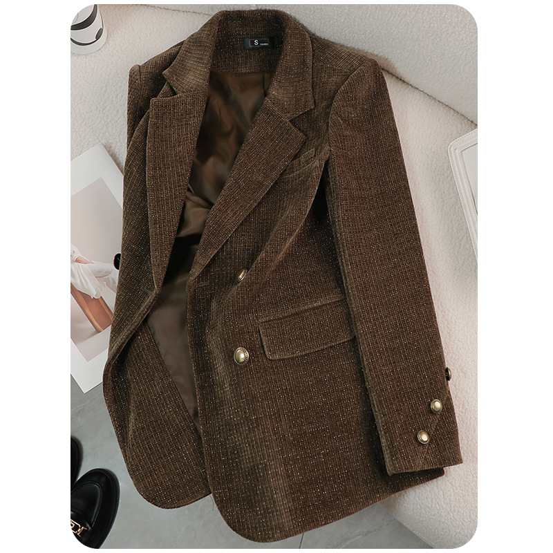 Corduroy ženski sako, udoban kroj, dvostruko kopčanje, sakoski ovratnik, poliester