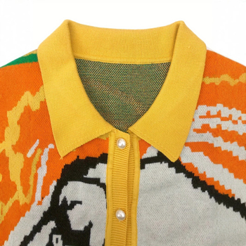 Pulover-cardigan cu imprimeu abstract, din poliester cu elastan, manșete 3/4, guler cardigan, închidere cu nasturi