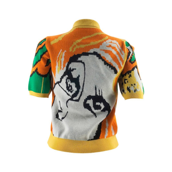 Pulover-cardigan cu imprimeu abstract, din poliester cu elastan, manșete 3/4, guler cardigan, închidere cu nasturi