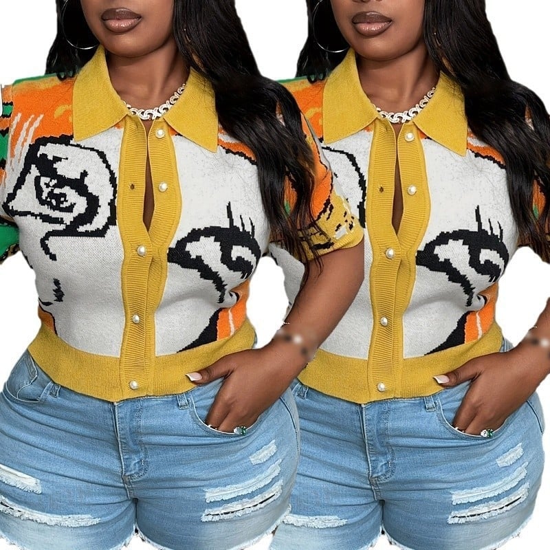 Pulover-cardigan cu imprimeu abstract, din poliester cu elastan, manșete 3/4, guler cardigan, închidere cu nasturi