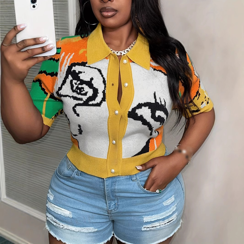 Pulover-cardigan cu imprimeu abstract, din poliester cu elastan, manșete 3/4, guler cardigan, închidere cu nasturi