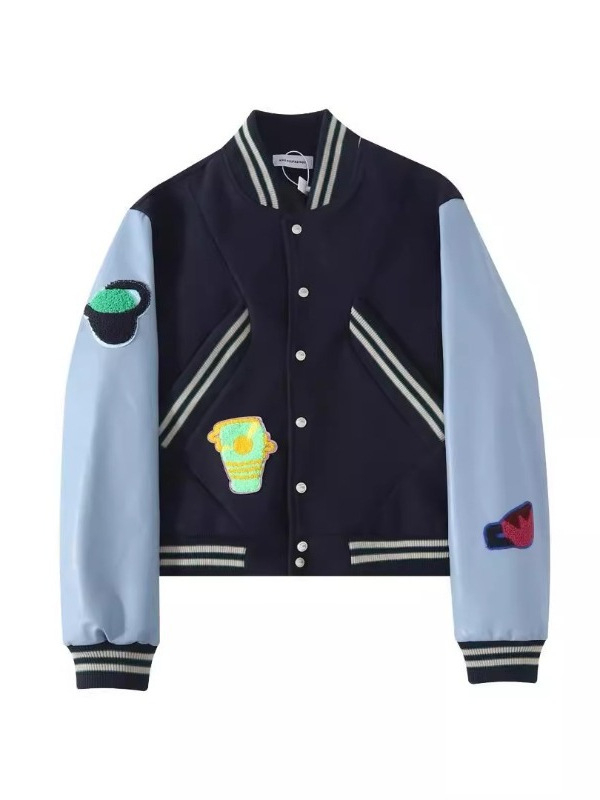 Uniszex kardigán dzseki, egyetemi stílus, patchwork varrással, pamut-keverék anyag, poliészter bélés, állon álló gallér, laza szabás