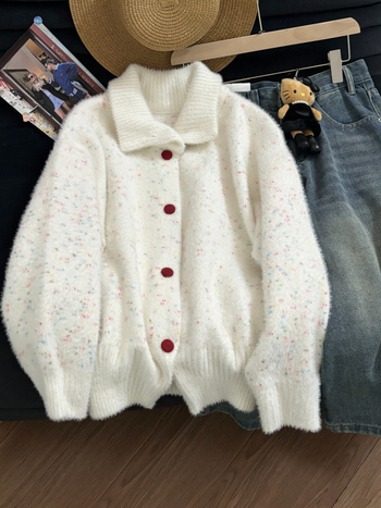 Gusta pleteni kardigan od umjetne mink dlake, s točkicama, Xiaoxiangfeng stil, rever