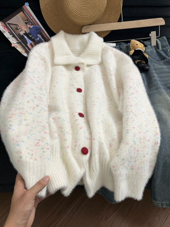 Gusta pleteni kardigan od umjetne mink dlake, s točkicama, Xiaoxiangfeng stil, rever