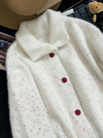 Gusta pleteni kardigan od umjetne mink dlake, s točkicama, Xiaoxiangfeng stil, rever