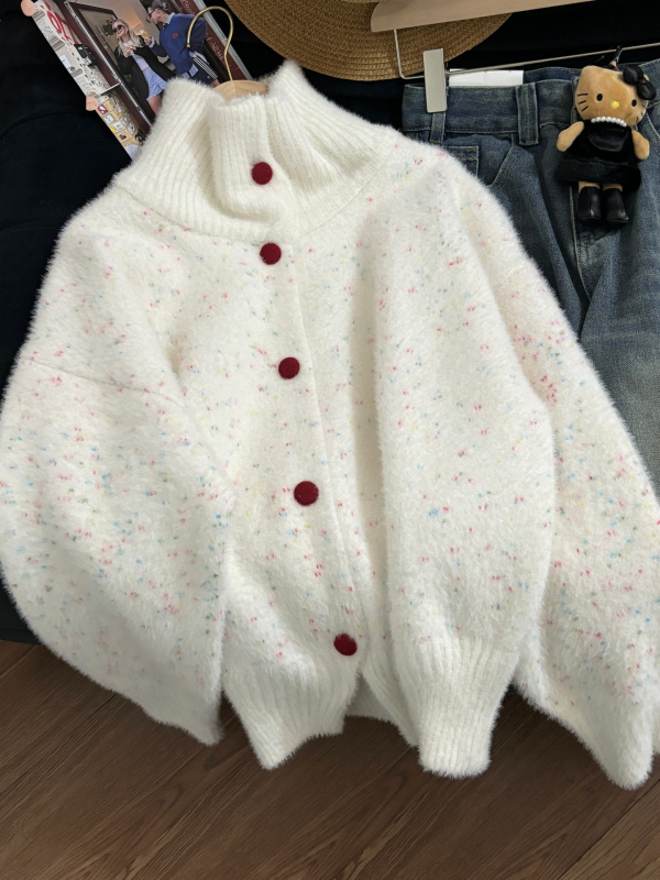 Gusta pleteni kardigan od umjetne mink dlake, s točkicama, Xiaoxiangfeng stil, rever