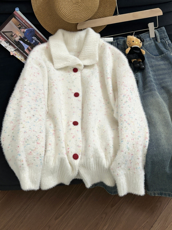 Gusta pleteni kardigan od umjetne mink dlake, s točkicama, Xiaoxiangfeng stil, rever