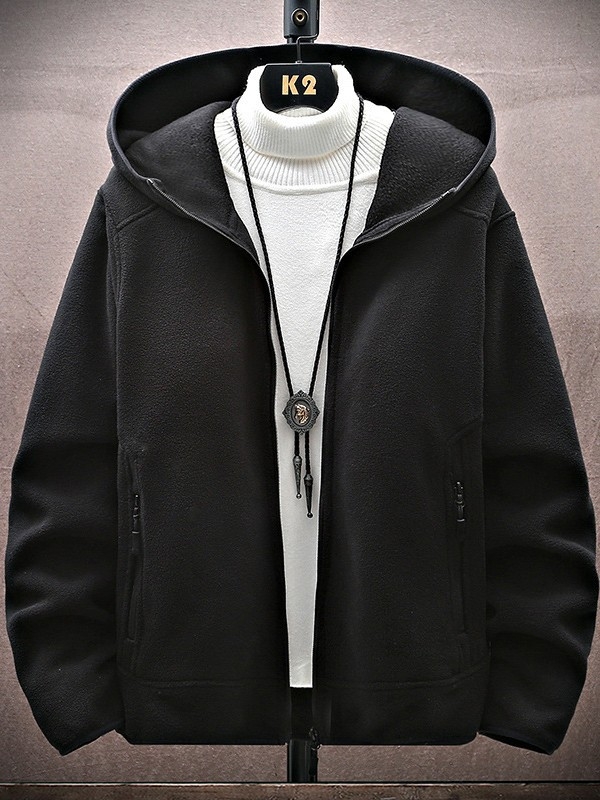 Мъжко поларено яке с качулка, дебел полар от двете страни, топла подплата от полиестер, подходящо за зима, пролет и есен