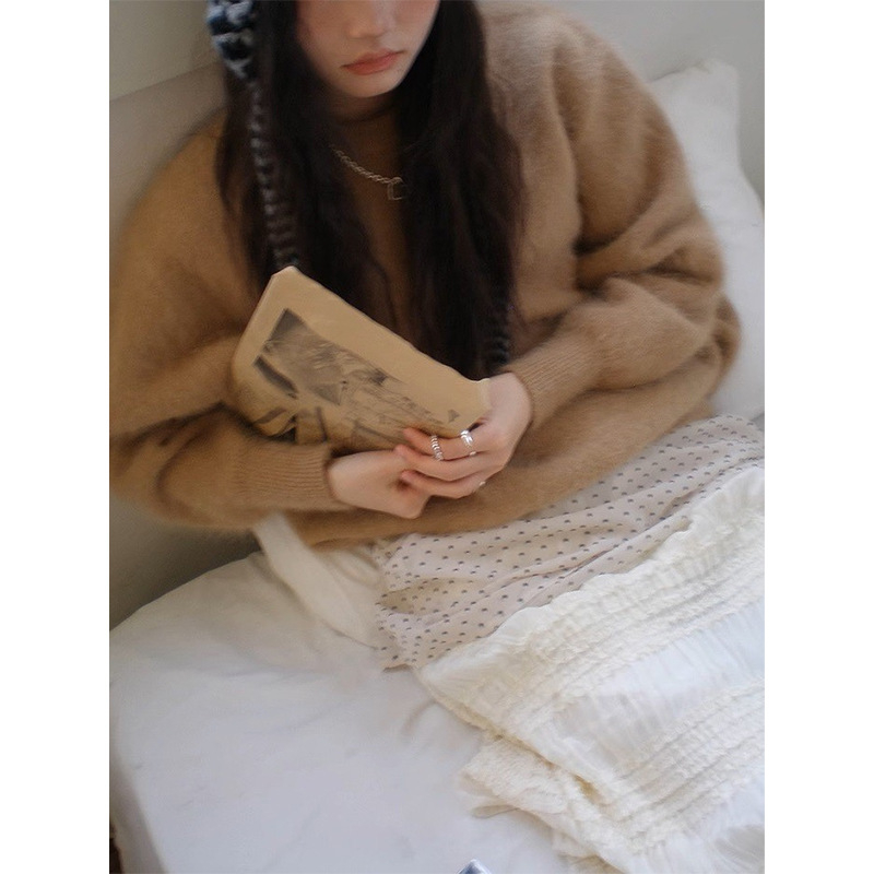 Ženski široki pulover od Mink Velvet pletenine, kružni izrez, dugi rukavi, srednja debljina, casual japansko-korejski stil, 70–80% poliester / <30% viskozno vlakno