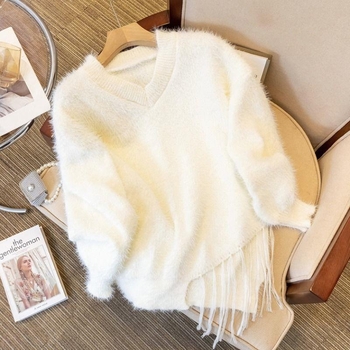 Pleteni pulover s V-izrezom, slobodan kroj, dugi rukavi, pleteni materijal Ice Silk-Polipropilen