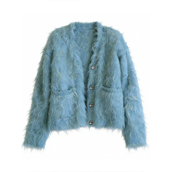 Pulover tricotat - decolteu în V, mâneca lungă, poliester 30–50%, grosime medie