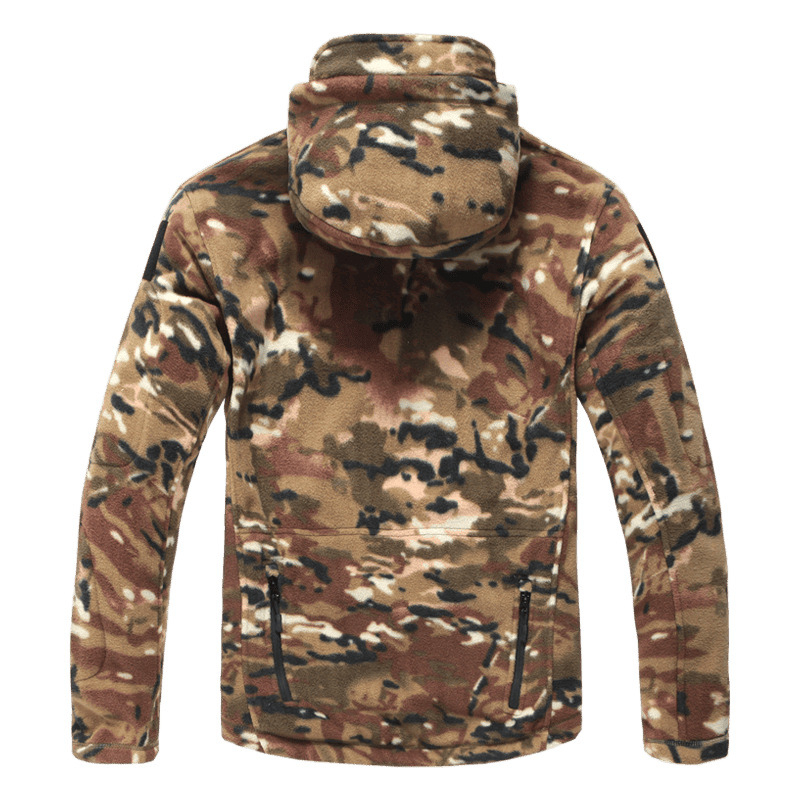 Унисекс камуфлажен поларен жакет с поларена подплата, качулка, цип, стил кардиган