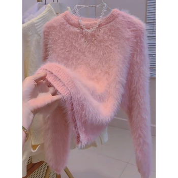 Ženski akrilni pleteni džemper s okruglim izrezom, dugi rukavi, slobodan kroj, srednja duljina