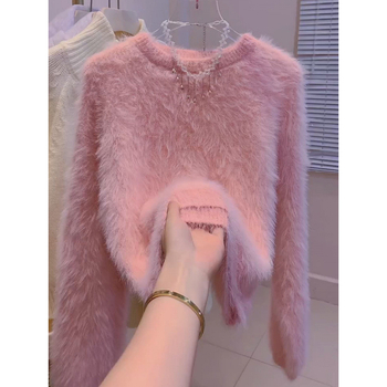 Ženski akrilni pleteni džemper s okruglim izrezom, dugi rukavi, slobodan kroj, srednja duljina