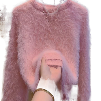 Ženski akrilni pleteni džemper s okruglim izrezom, dugi rukavi, slobodan kroj, srednja duljina