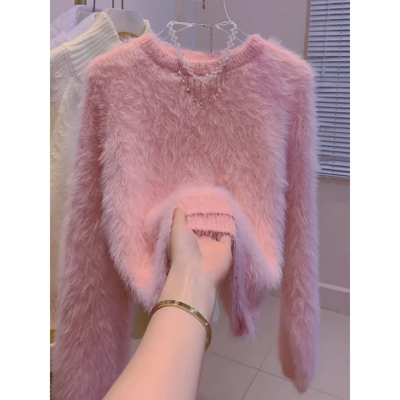 Ženski akrilni pleteni džemper s okruglim izrezom, dugi rukavi, slobodan kroj, srednja duljina