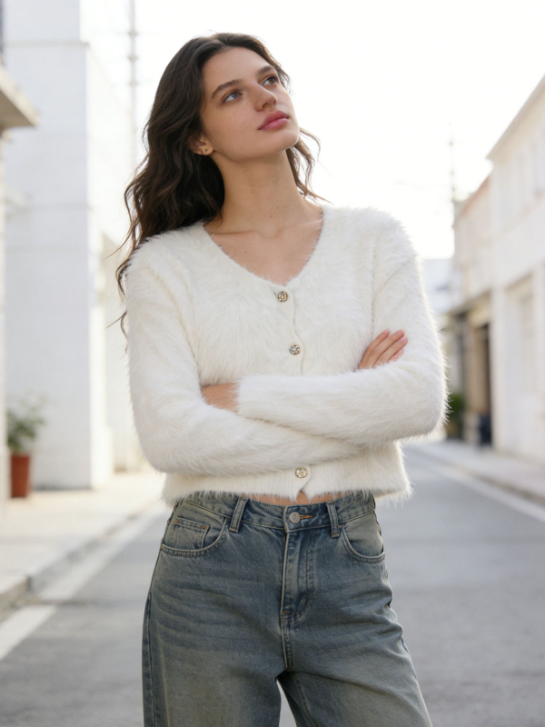 Cardigan tricotat din blană artificială de vizon, gros, guler rotund, mâneci lungi, închidere cu nasturi pe un rând