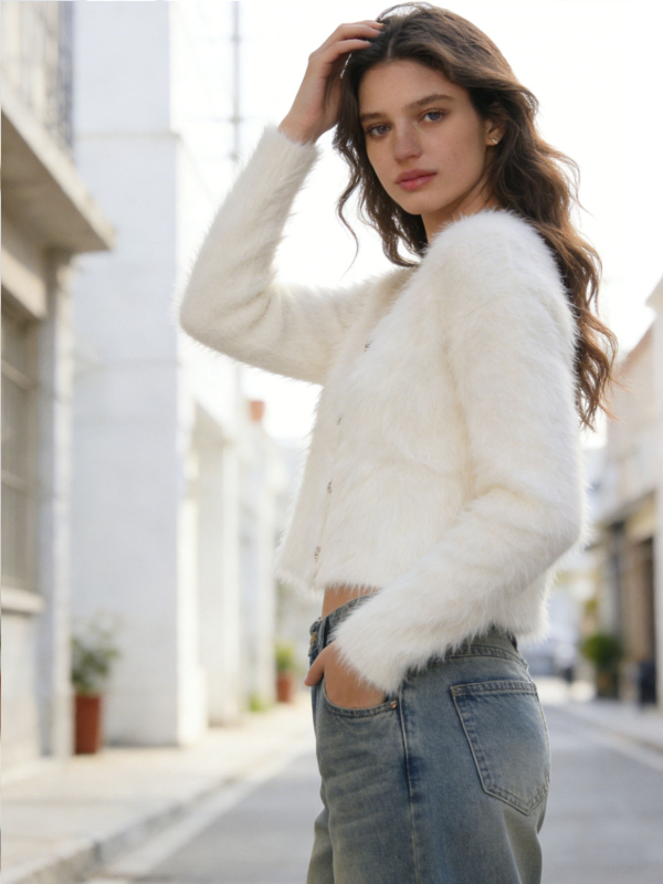 Cardigan tricotat din blană artificială de vizon, gros, guler rotund, mâneci lungi, închidere cu nasturi pe un rând