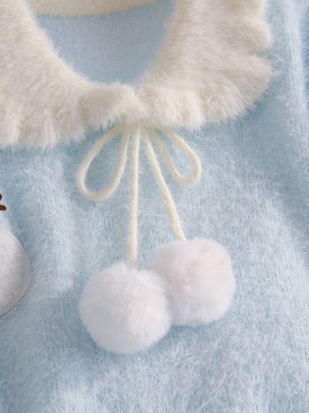 Pulover tricotat cu blană artificială de nurcă, guler Baby Collar, croială lejeră, mâneci lungi