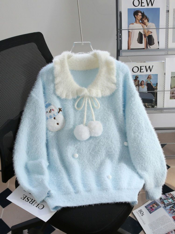 Pulover tricotat cu blană artificială de nurcă, guler Baby Collar, croială lejeră, mâneci lungi