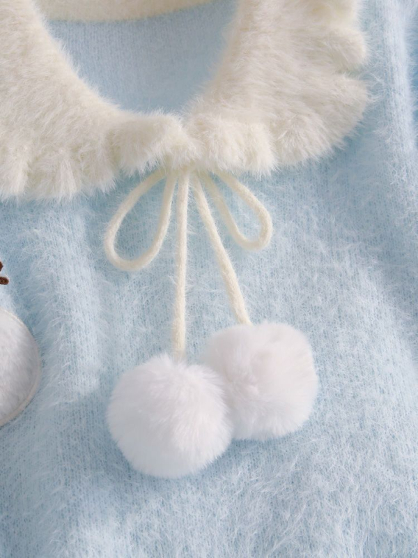 Pulover tricotat cu blană artificială de nurcă, guler Baby Collar, croială lejeră, mâneci lungi