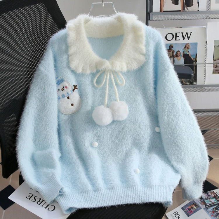 Pulover tricotat cu blană artificială de nurcă, guler Baby Collar, croială lejeră, mâneci lungi