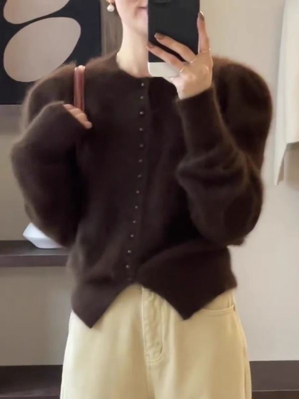 Cardigan od chenille mink velvet, jednobojna boja, V-izrez, kratka dužina, 50-70% poliester