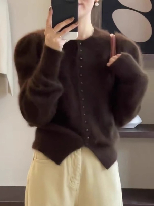 Cardigan od chenille mink velvet, jednobojna boja, V-izrez, kratka dužina, 50-70% poliester