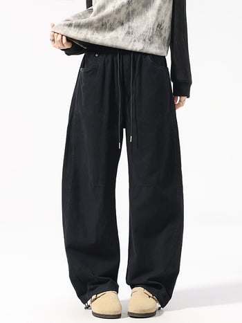 Ανδρικά χαλαρά παντελόνια από 100% βαμβάκι, φαρδιά γραμμή, μεσαία μέση, μακριά, ίσιο παντελόνι