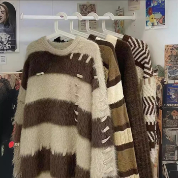 Pulover s slobodnim krojem, prugasti blok uzorak, akrilna pletenina, okrugli izrez, dugi rukavi