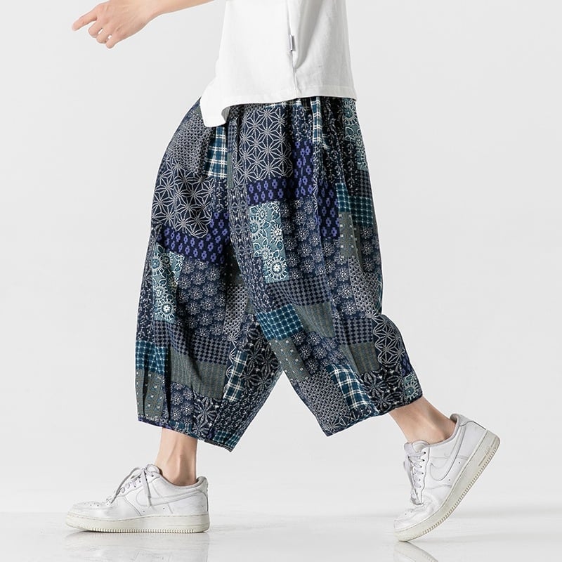Muške cropped hlače s printom, pamukasto-pamučna smjesa (80% pamuka), ravni kroj, niska-srednja krivulja, ljeto 2024, kineski stil