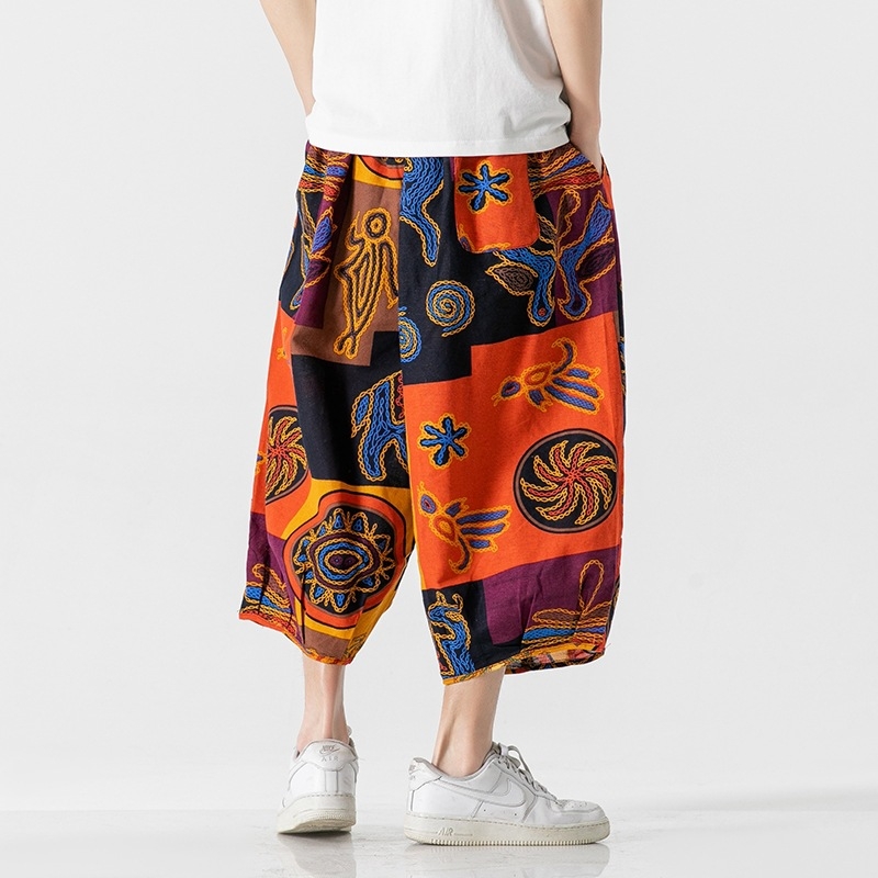 Muške cropped hlače s printom, pamukasto-pamučna smjesa (80% pamuka), ravni kroj, niska-srednja krivulja, ljeto 2024, kineski stil