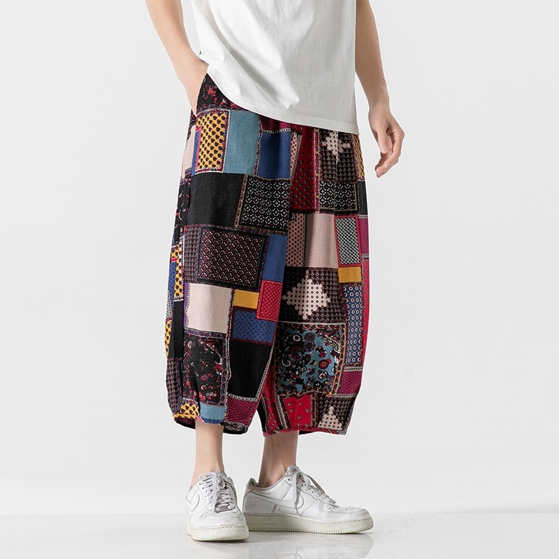 Muške cropped hlače s printom, pamukasto-pamučna smjesa (80% pamuka), ravni kroj, niska-srednja krivulja, ljeto 2024, kineski stil