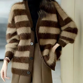 Ženski kardigan s prugama, Ice Silk tkanina, V-izrez, rukav princeza