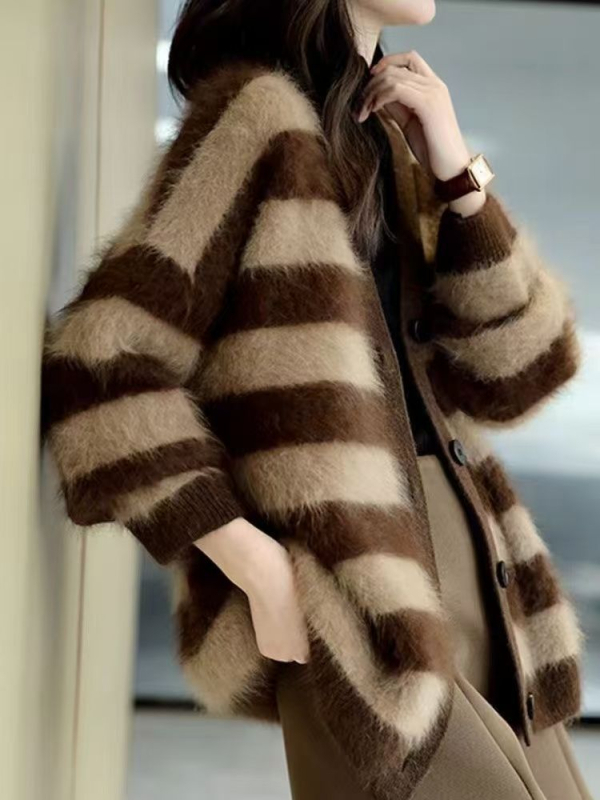 Ženski kardigan s prugama, Ice Silk tkanina, V-izrez, rukav princeza