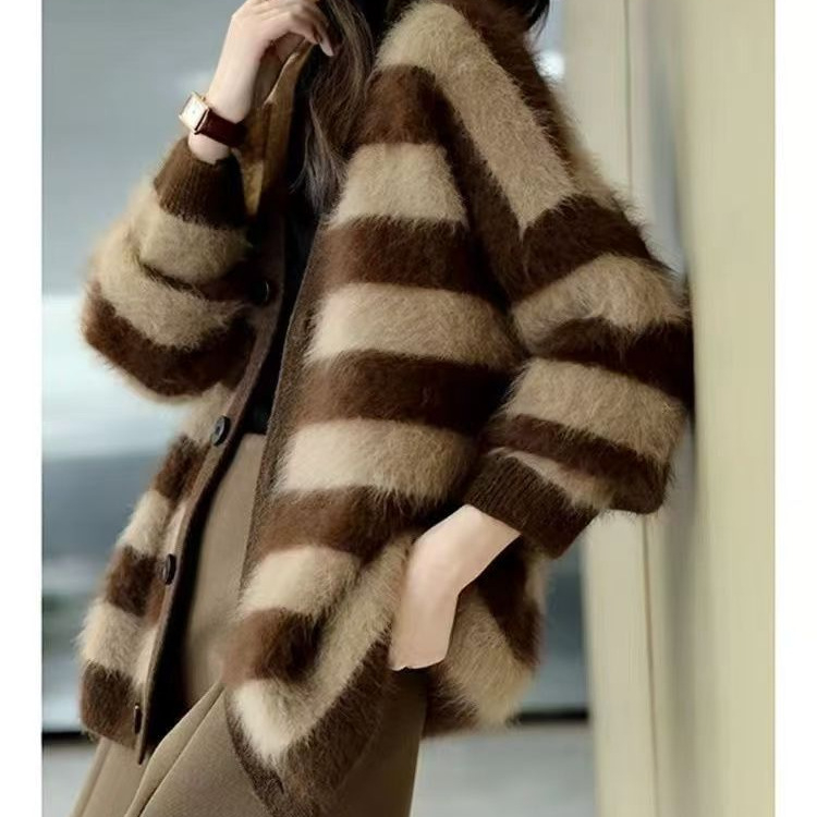 Ženski kardigan s prugama, Ice Silk tkanina, V-izrez, rukav princeza