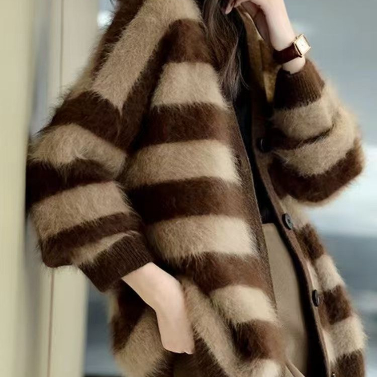 Ženski kardigan s prugama, Ice Silk tkanina, V-izrez, rukav princeza