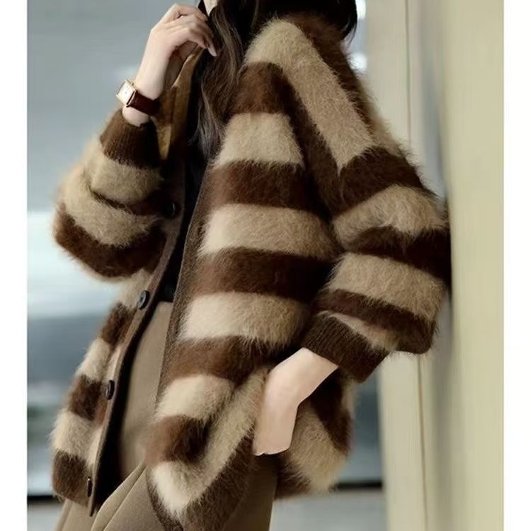 Ženski kardigan s prugama, Ice Silk tkanina, V-izrez, rukav princeza