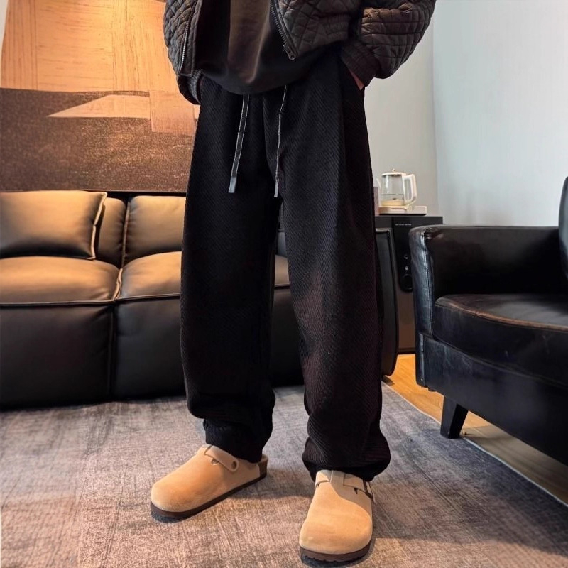 Muške casual hlače s fleecem iznutra, debeli twill, ravni kroj, visok struk, mikroelastičnost