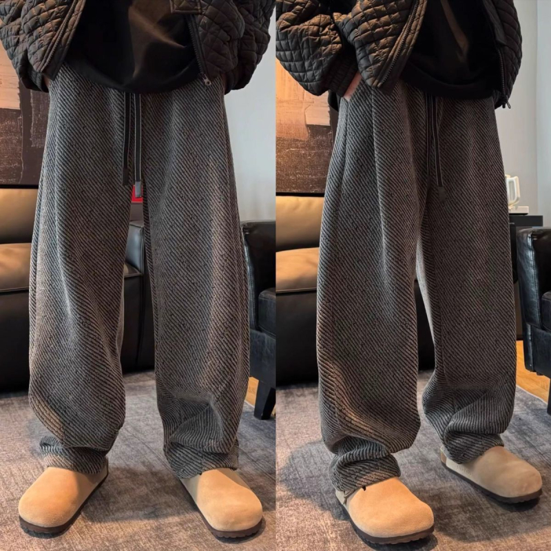 Muške casual hlače s fleecem iznutra, debeli twill, ravni kroj, visok struk, mikroelastičnost