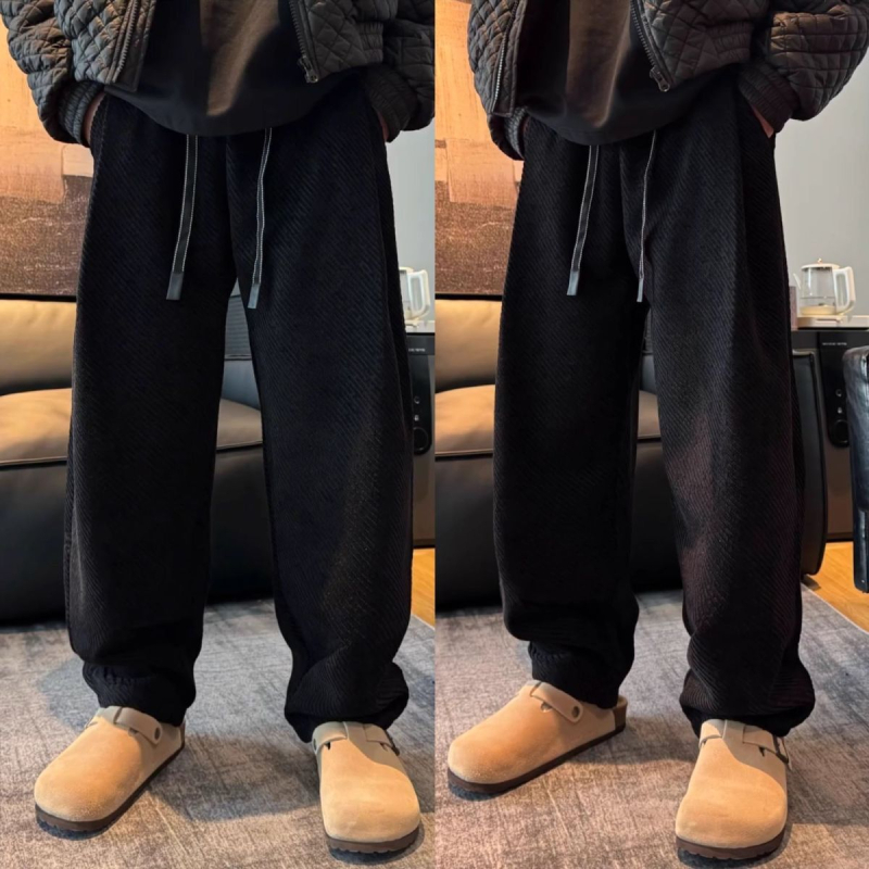 Muške casual hlače s fleecem iznutra, debeli twill, ravni kroj, visok struk, mikroelastičnost
